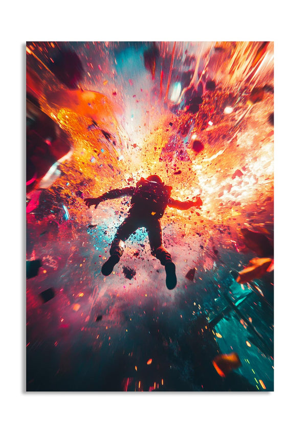 Spaced-out astronaut surrounded by a vibrant explosion of colors on a white background, as a premium aluminum metal print from GoMetalPrint.
