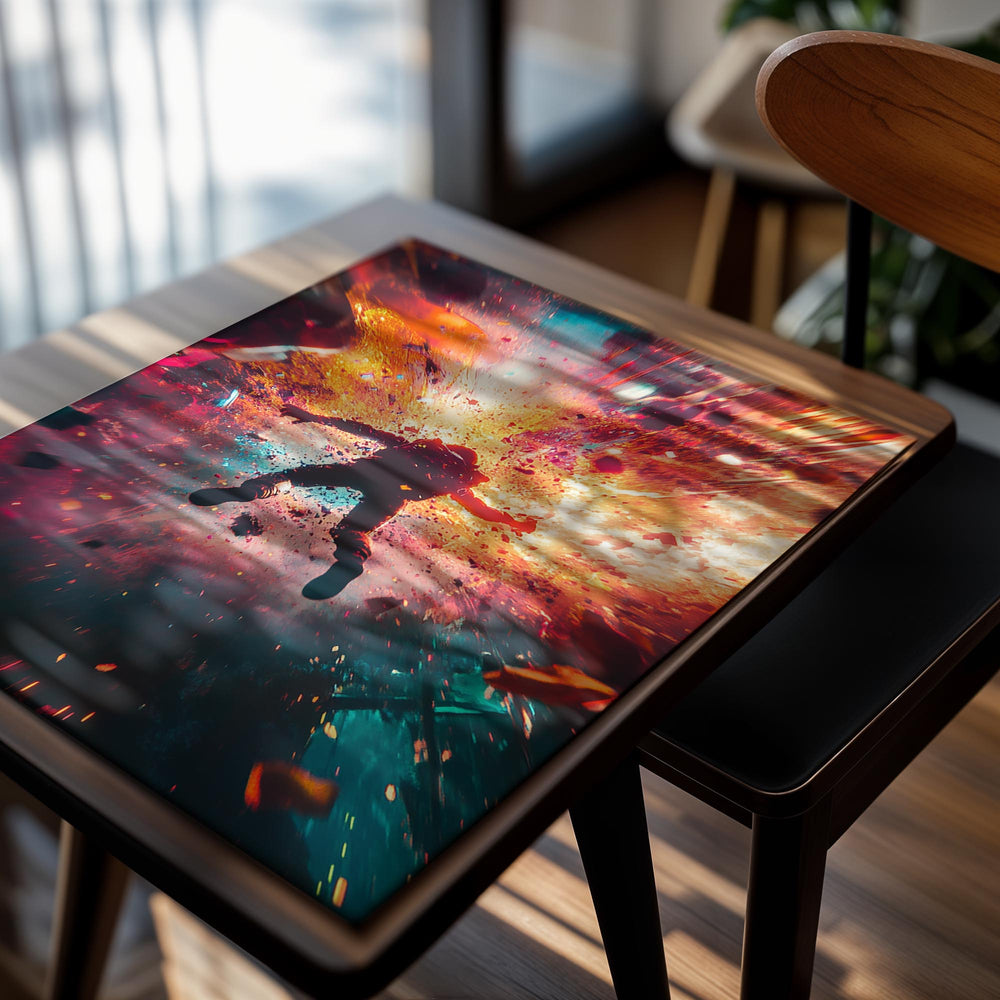 Spaced-out astronaut surrounded by a vibrant explosion of colors on a white background, as a premium aluminum metal print from GoMetalPrint.
