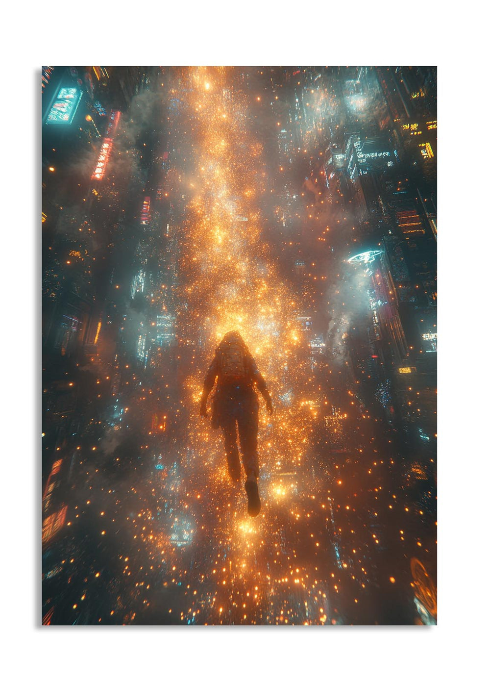Person standing in the middle of a fiery, futuristic cityscape with glowing lights, as a premium aluminum metal print from GoMetalPrint.
