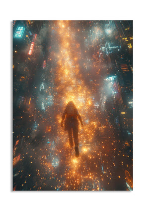 Person standing in the middle of a fiery, futuristic cityscape with glowing lights, as a premium aluminum metal print from GoMetalPrint.
