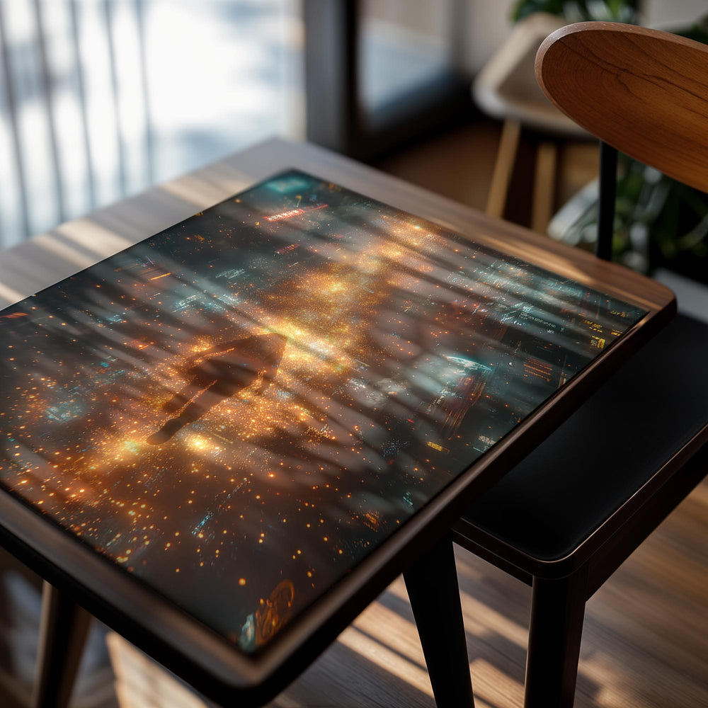 Person standing in the middle of a fiery, futuristic cityscape with glowing lights, as a premium aluminum metal print from GoMetalPrint.
