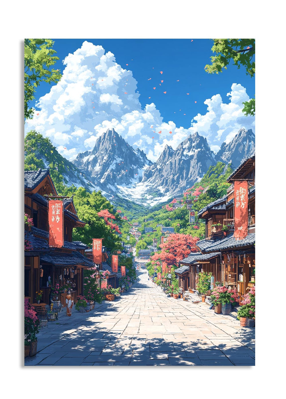 Scenic view of a town with traditional buildings and mountains in the background, as a premium aluminum metal print from GoMetalPrint.
