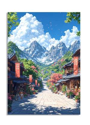 Scenic view of a town with traditional buildings and mountains in the background, as a premium aluminum metal print from GoMetalPrint.
