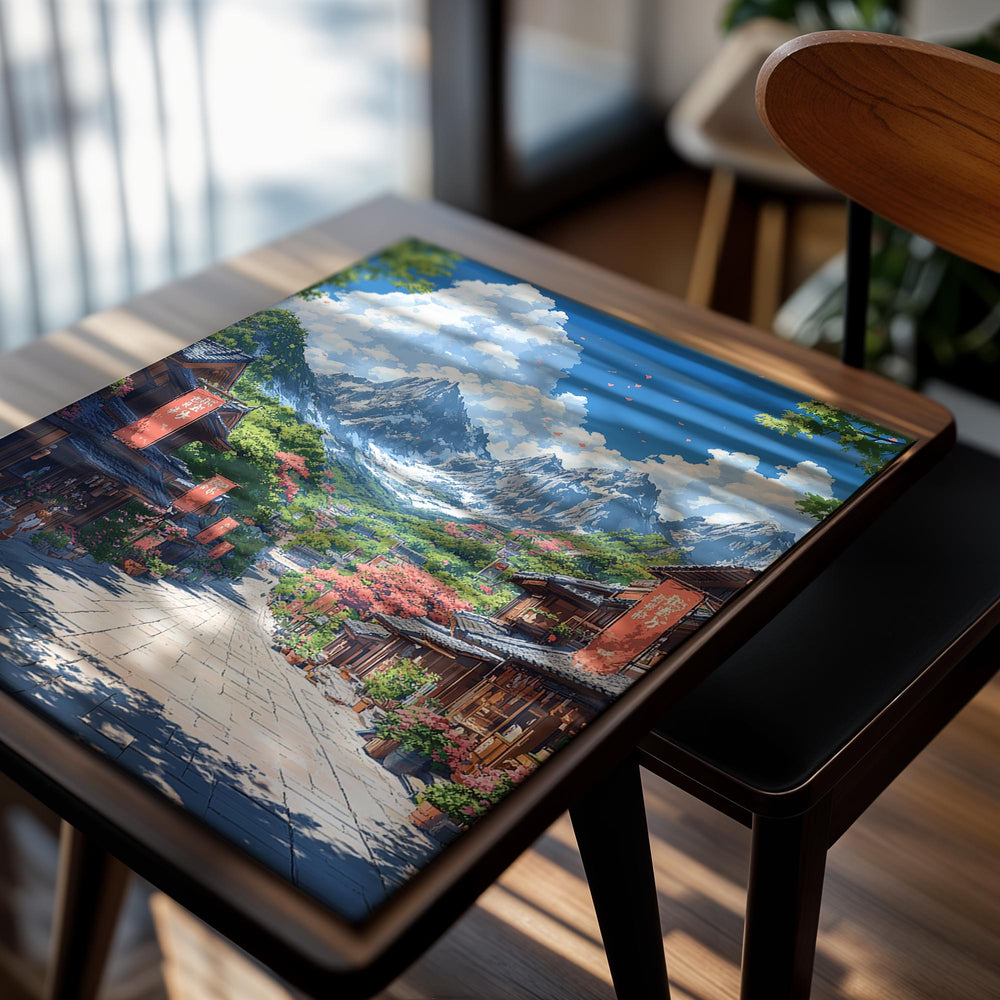 Scenic view of a town with traditional buildings and mountains in the background, as a premium aluminum metal print from GoMetalPrint.
