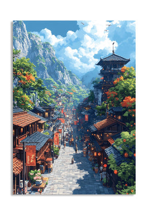 Painting of a traditional Japanese village with mountains in the background, as a premium aluminum metal print from GoMetalPrint.
