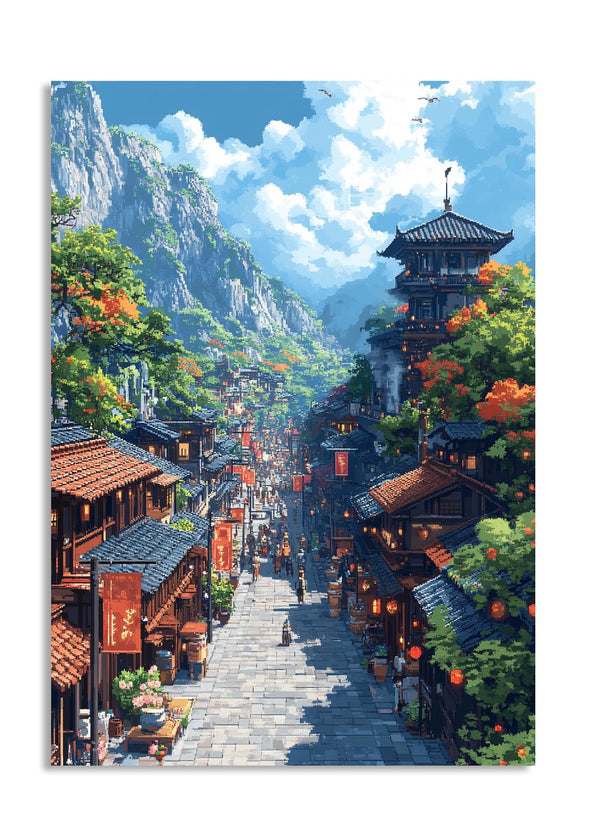 Painting of a traditional Japanese village with mountains in the background, as a premium aluminum metal print from GoMetalPrint.
