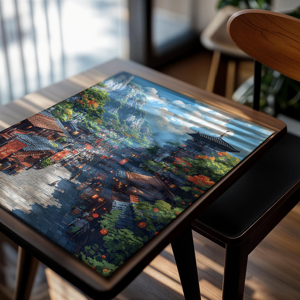 Painting of a traditional Japanese village with mountains in the background, as a premium aluminum metal print from GoMetalPrint.
