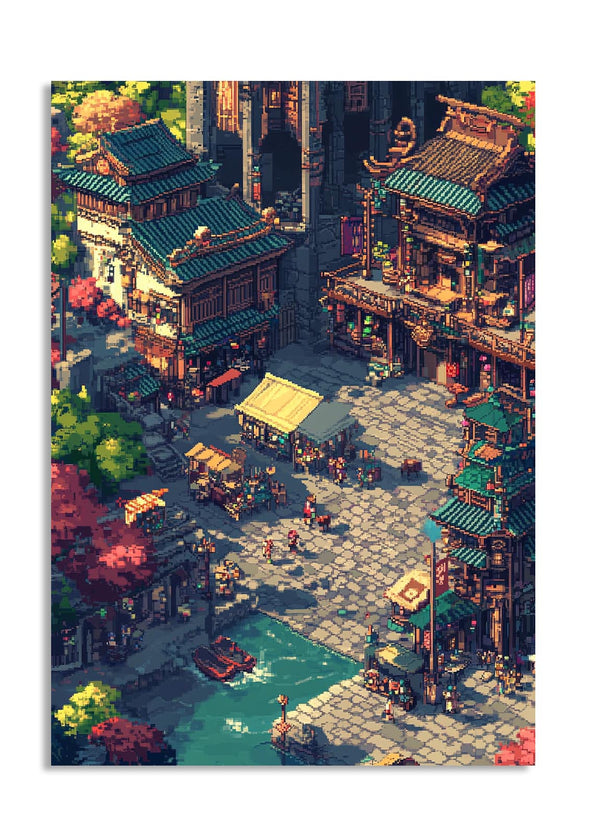 Pixel art depiction of a bustling Asian street scene with traditional architecture, as a premium aluminum metal print from GoMetalPrint.
