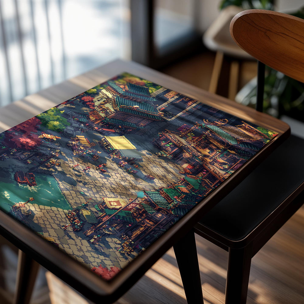 Pixel art depiction of a bustling Asian street scene with traditional architecture, as a premium aluminum metal print from GoMetalPrint.
