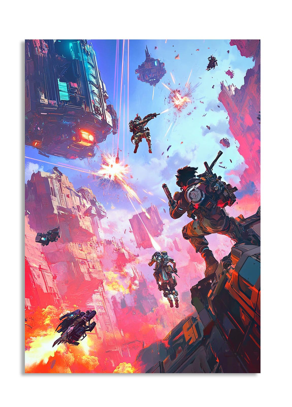Sci-fi scene with futuristic vehicles and characters in a colorful, action-packed setting, as a premium aluminum metal print from GoMetalPrint.
