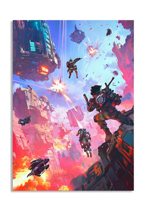 Sci-fi scene with futuristic vehicles and characters in a colorful, action-packed setting, as a premium aluminum metal print from GoMetalPrint.
