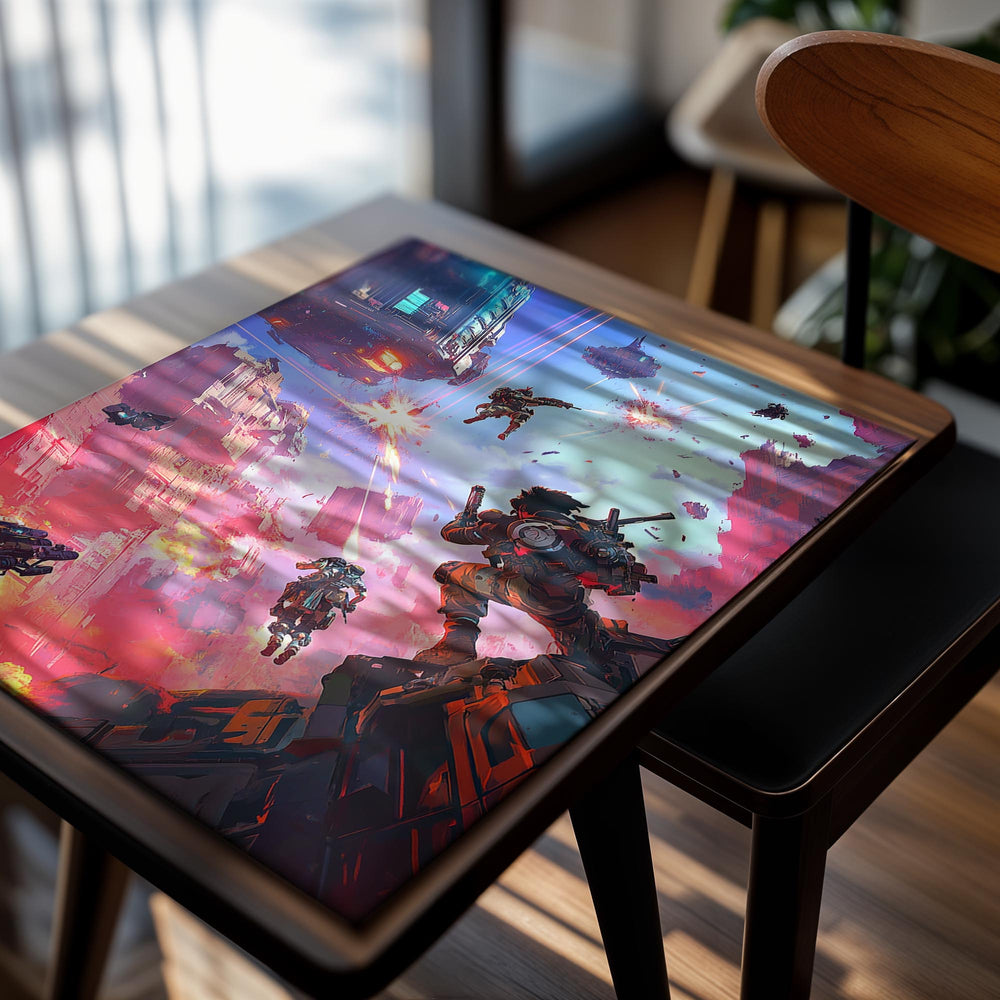 Sci-fi scene with futuristic vehicles and characters in a colorful, action-packed setting, as a premium aluminum metal print from GoMetalPrint.
