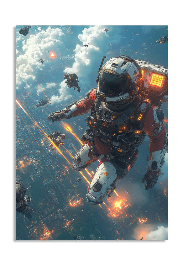 A futuristic astronaut in space with a fiery background, as a premium aluminum metal print from GoMetalPrint.
