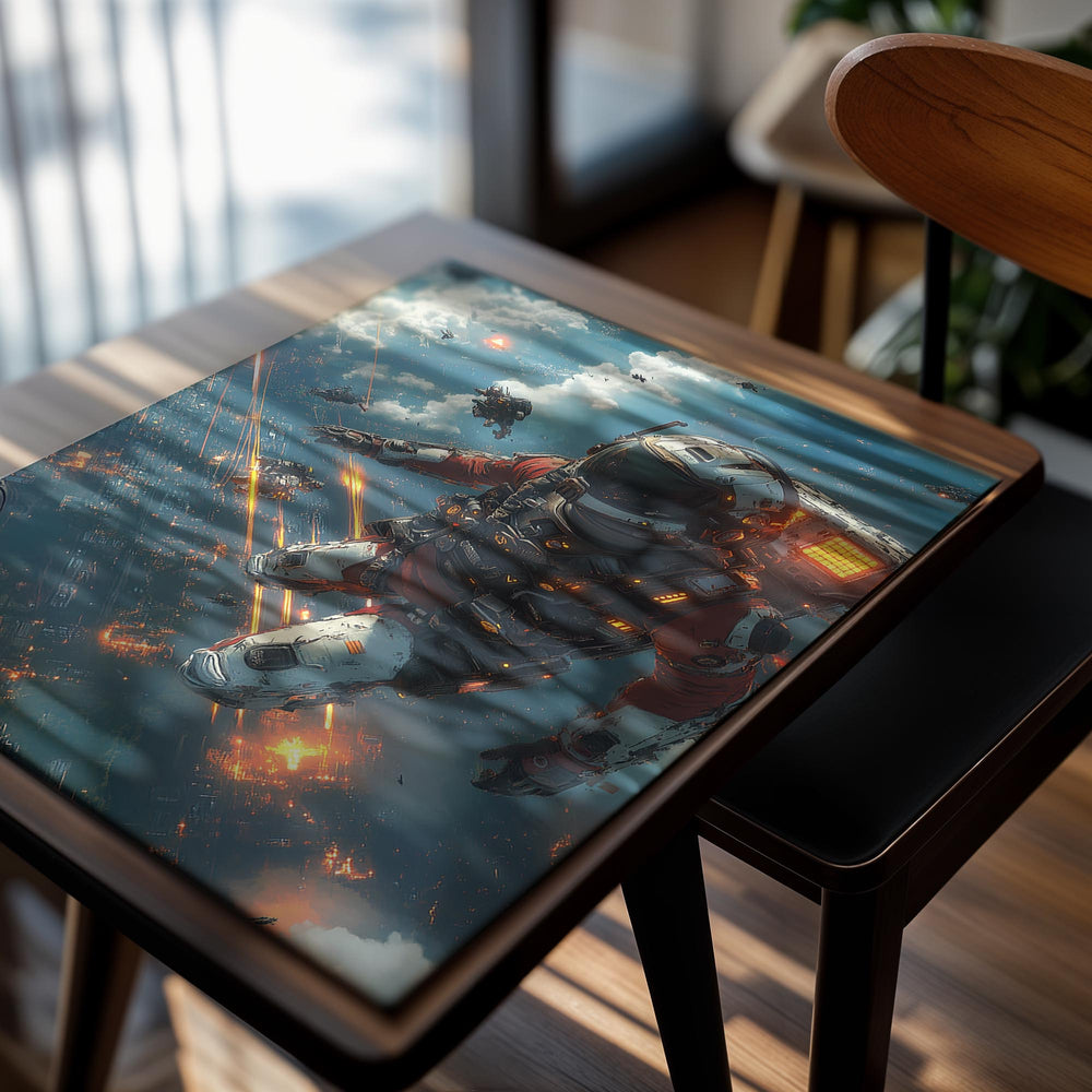 A futuristic astronaut in space with a fiery background, as a premium aluminum metal print from GoMetalPrint.
