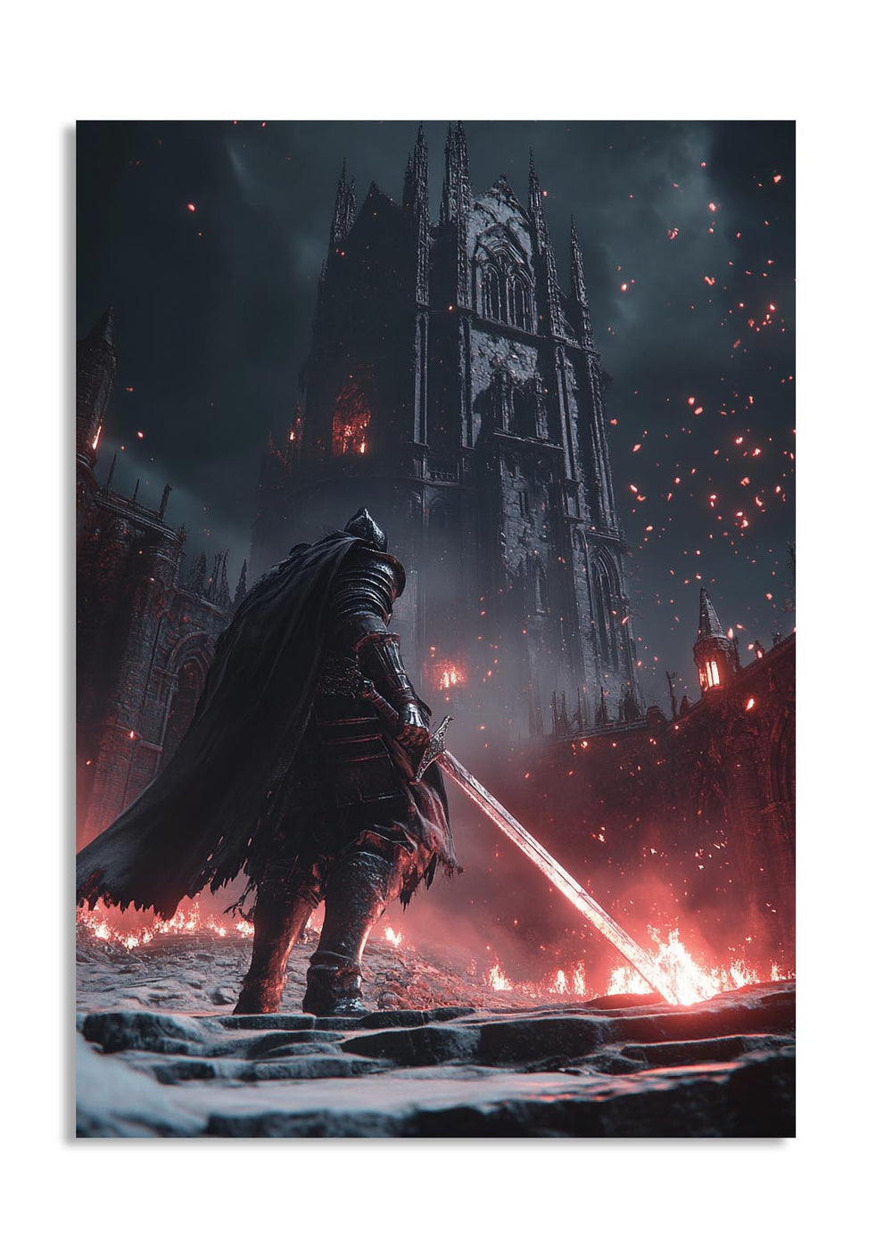 Character with a sword in a dark, fiery landscape with a large cathedral-like structure, as a premium aluminum metal print from GoMetalPrint.
