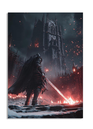 Character with a sword in a dark, fiery landscape with a large cathedral-like structure, as a premium aluminum metal print from GoMetalPrint.
