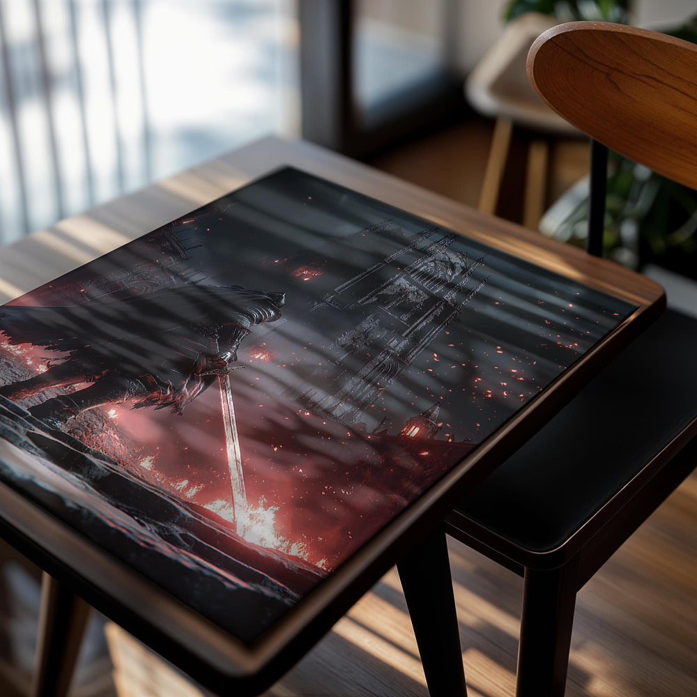 Character with a sword in a dark, fiery landscape with a large cathedral-like structure, as a premium aluminum metal print from GoMetalPrint.
