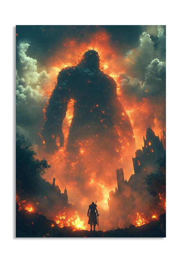 Large creature in flames with a smaller figure in the foreground against a fiery sky  , as a premium aluminum metal print from GoMetalPrint.
