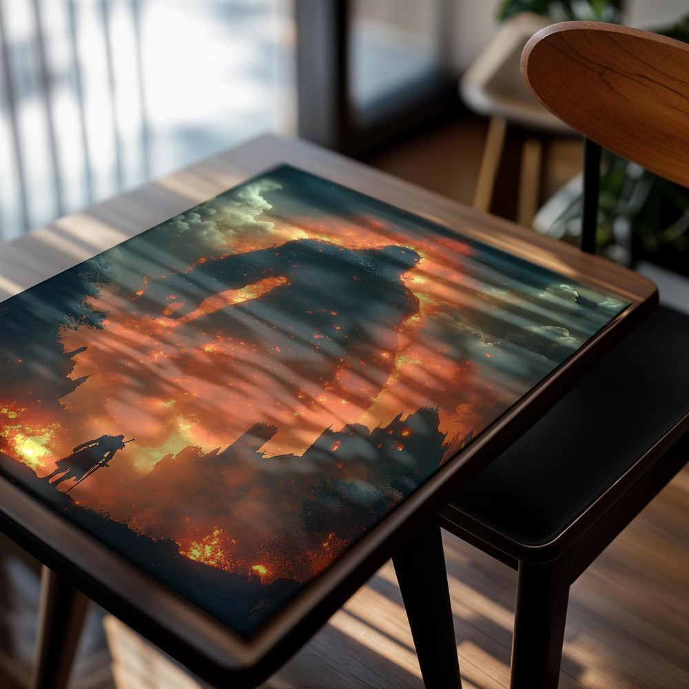 Large creature in flames with a smaller figure in the foreground against a fiery sky  , as a premium aluminum metal print from GoMetalPrint.
