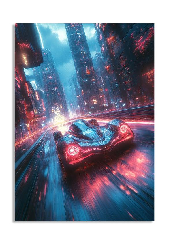Futuristic car in a neon-lit cityscape, as a premium aluminum metal print from GoMetalPrint.
