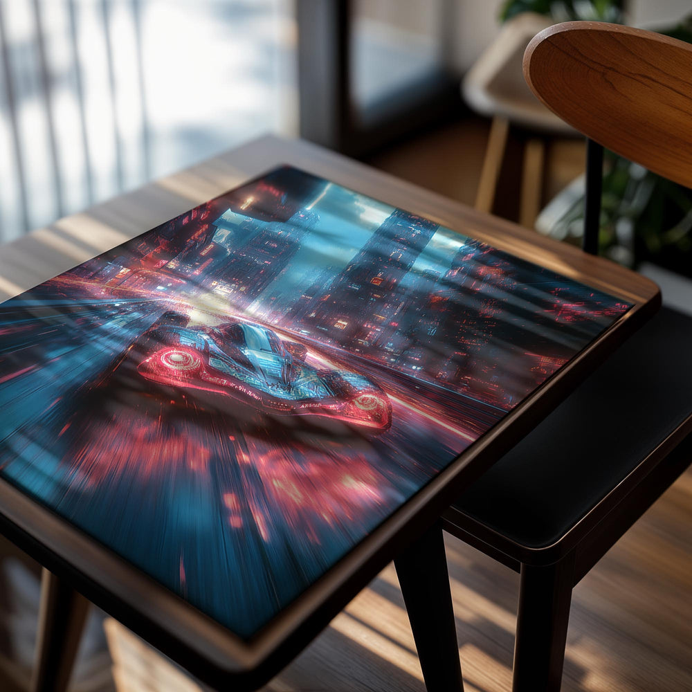 Futuristic car in a neon-lit cityscape, as a premium aluminum metal print from GoMetalPrint.

