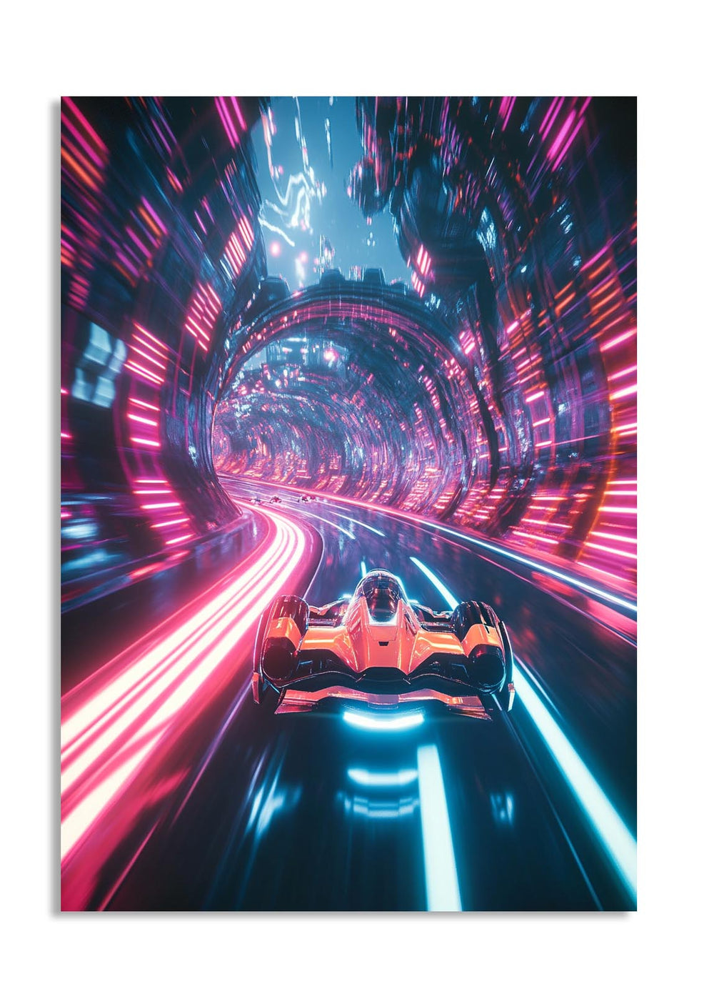 Futuristic car in a neon-lit tunnel with vibrant pink and blue lights, as a premium aluminum metal print from GoMetalPrint.
