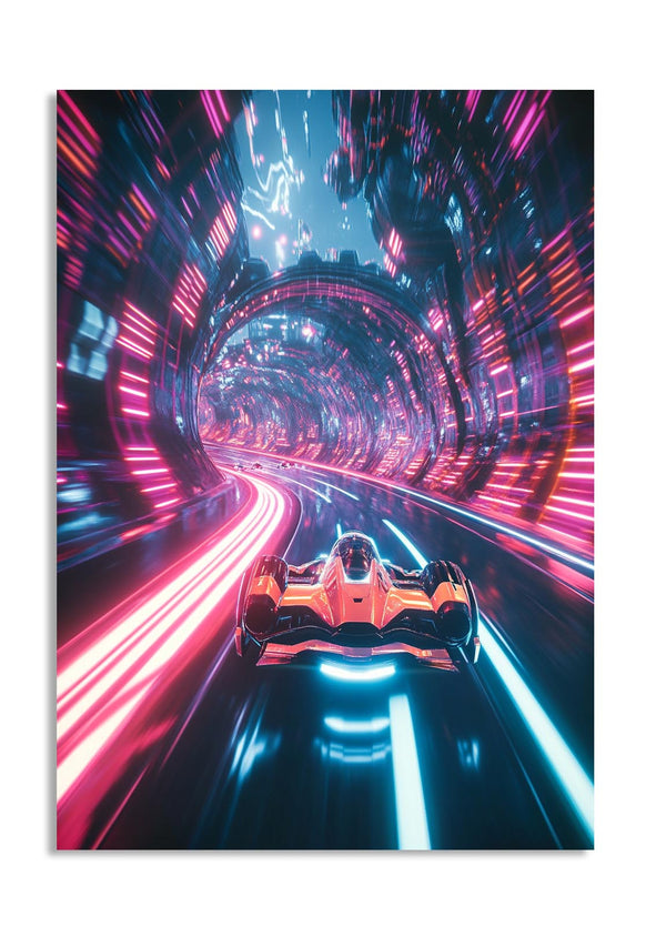 Futuristic car in a neon-lit tunnel with vibrant pink and blue lights, as a premium aluminum metal print from GoMetalPrint.
