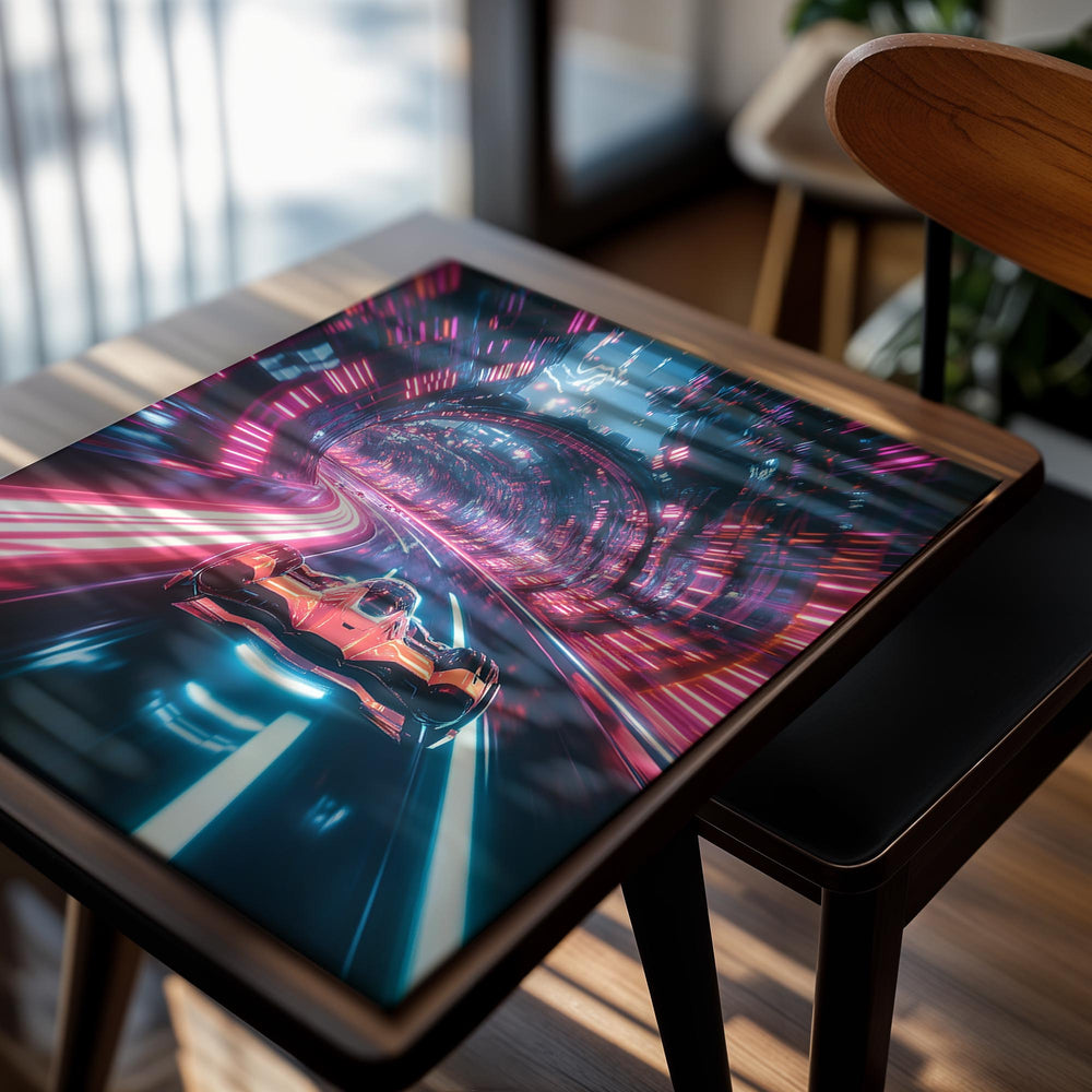 Futuristic car in a neon-lit tunnel with vibrant pink and blue lights, as a premium aluminum metal print from GoMetalPrint.
