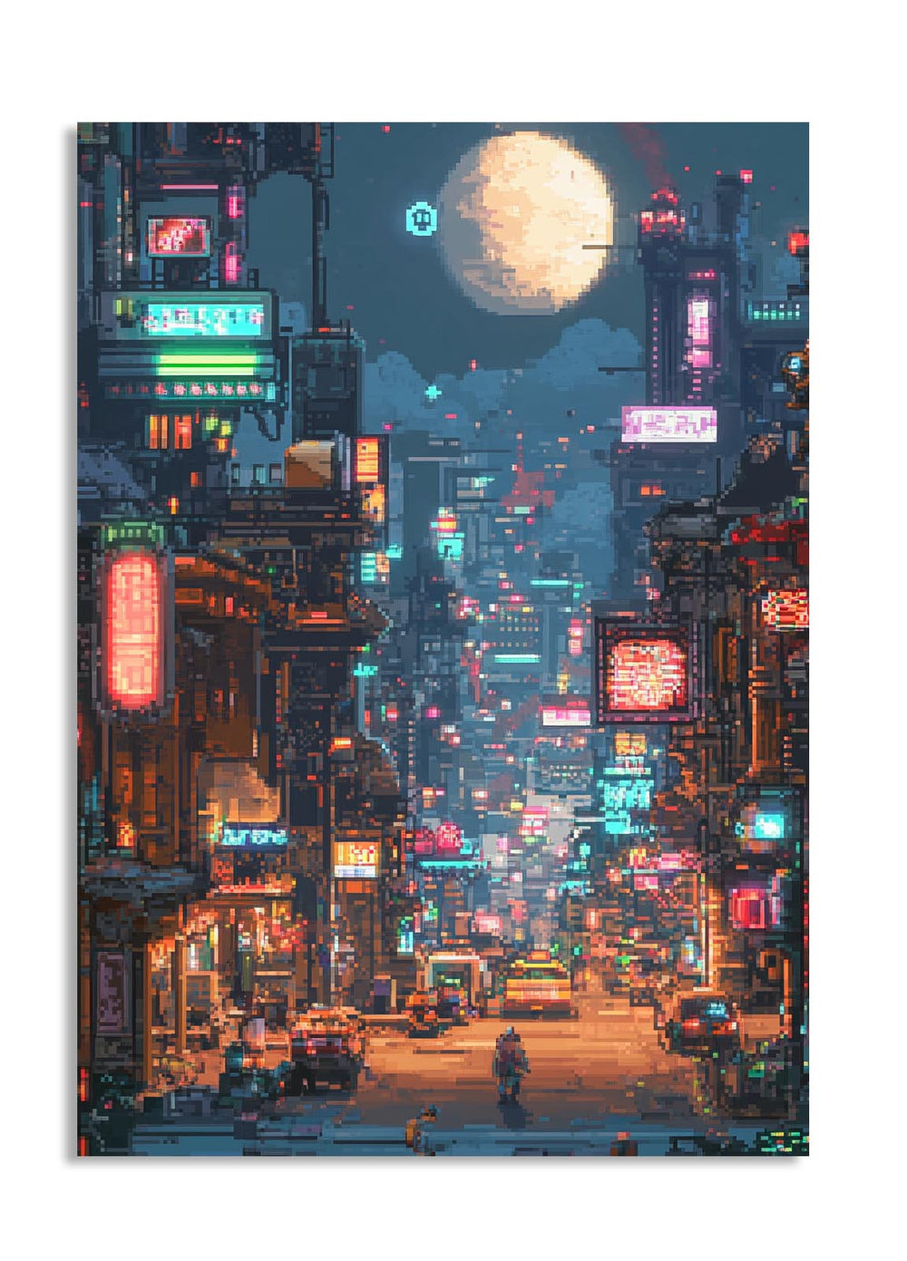 Neon-lit city street at night with tall buildings and a full moon, as a premium aluminum metal print from GoMetalPrint.
