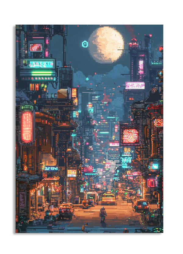 Neon-lit city street at night with tall buildings and a full moon, as a premium aluminum metal print from GoMetalPrint.
