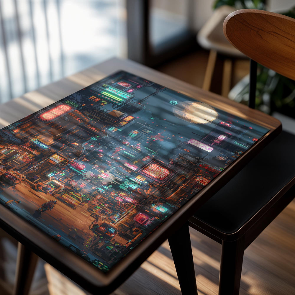 Neon-lit city street at night with tall buildings and a full moon, as a premium aluminum metal print from GoMetalPrint.
