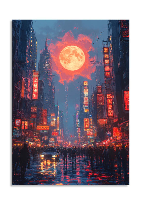Futuristic cityscape with neon lights and a large moon in the sky, as a premium aluminum metal print from GoMetalPrint.
