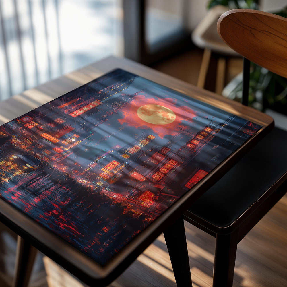 Futuristic cityscape with neon lights and a large moon in the sky, as a premium aluminum metal print from GoMetalPrint.

