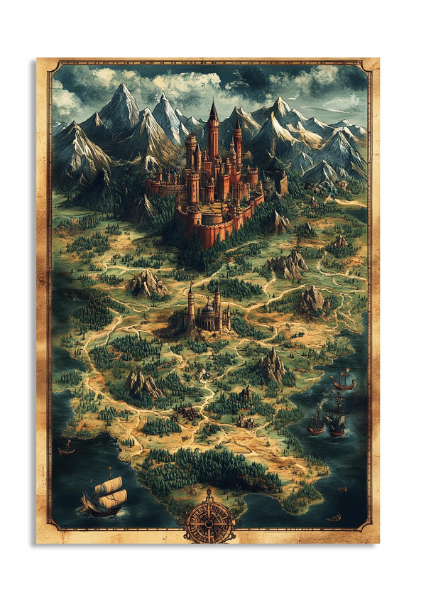 Fantasy map with castles and mountains in a decorative frame, as a premium aluminum metal print from GoMetalPrint.
