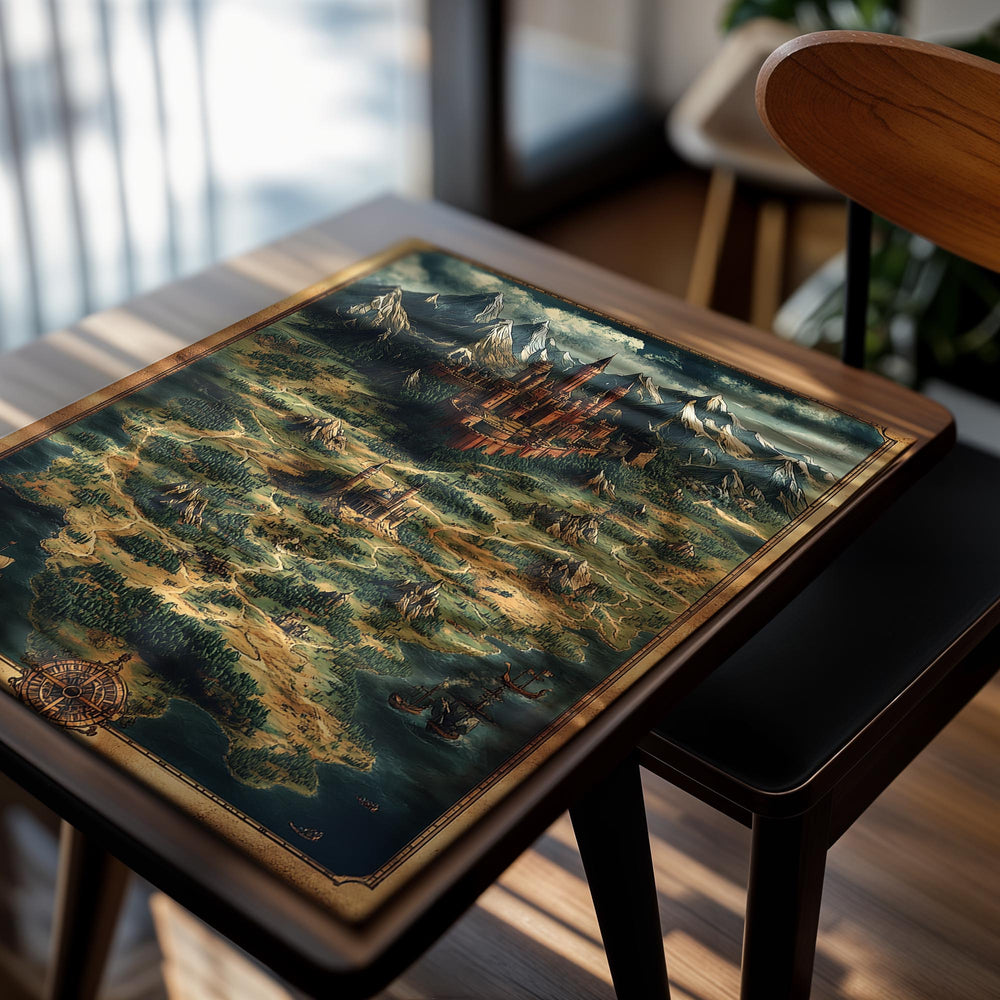 Fantasy map with castles and mountains in a decorative frame, as a premium aluminum metal print from GoMetalPrint.
