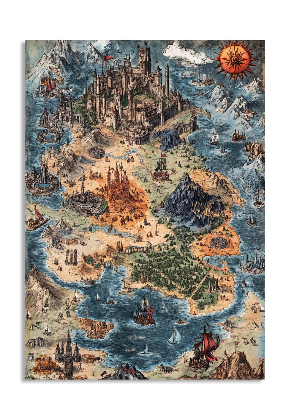 Vintage-style map of an island with castles and ships, as a premium aluminum metal print from GoMetalPrint.
