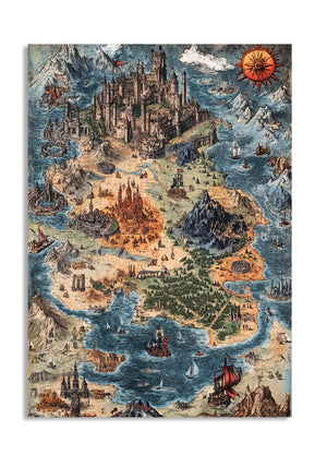 Vintage-style map of an island with castles and ships, as a premium aluminum metal print from GoMetalPrint.
