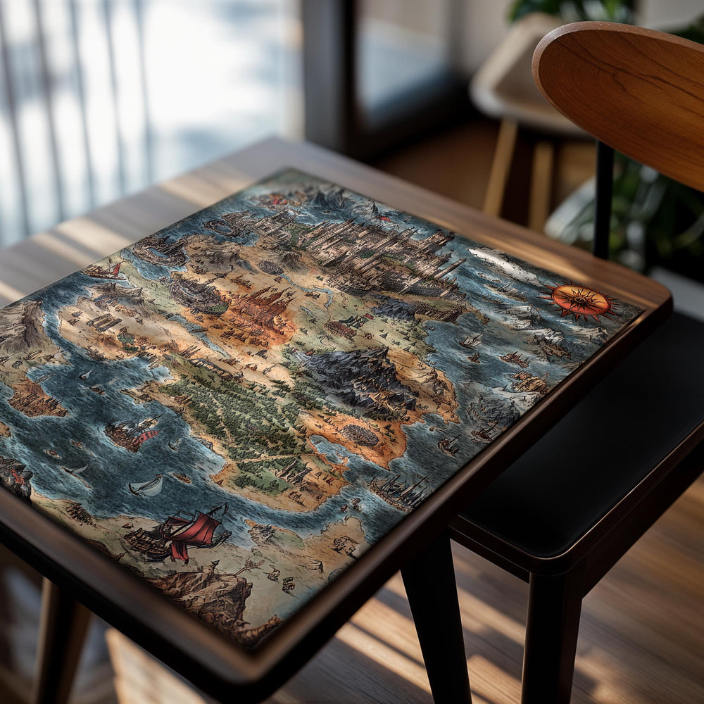 Vintage-style map of an island with castles and ships, as a premium aluminum metal print from GoMetalPrint.
