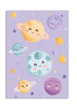 Children's poster with cartoon planets and stars on a purple background, as a premium aluminum metal print from GoMetalPrint.
