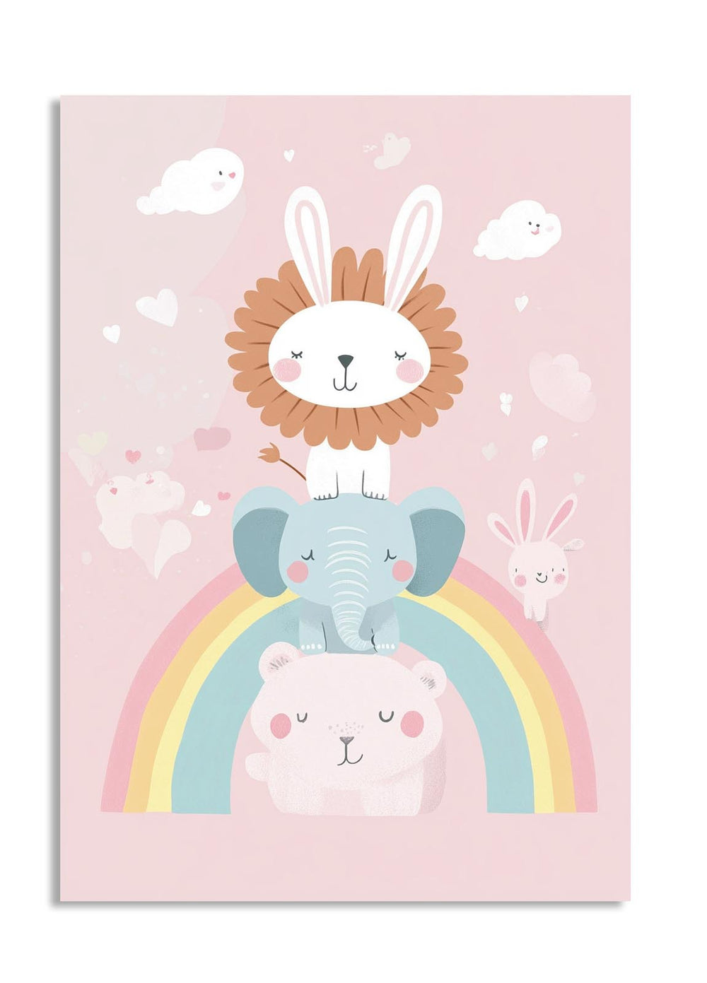 Children's poster with cartoon lion, elephant, and bear on a pink background with rainbow and clouds, as a premium aluminum metal print from GoMetalPrint.