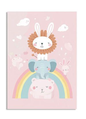 Children's poster with cartoon lion, elephant, and bear on a pink background with rainbow and clouds, as a premium aluminum metal print from GoMetalPrint.