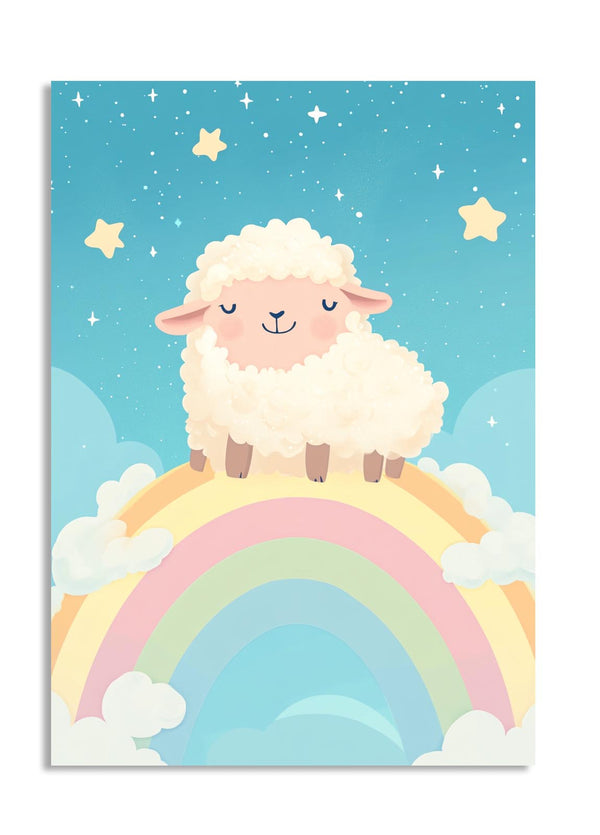 Illustration of a sheep on a rainbow with a starry sky background, as a premium aluminum metal print from GoMetalPrint.