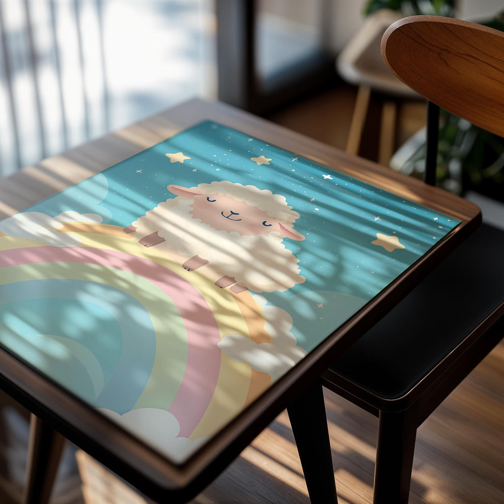 Illustration of a sheep on a rainbow with a starry sky background, as a premium aluminum metal print from GoMetalPrint.