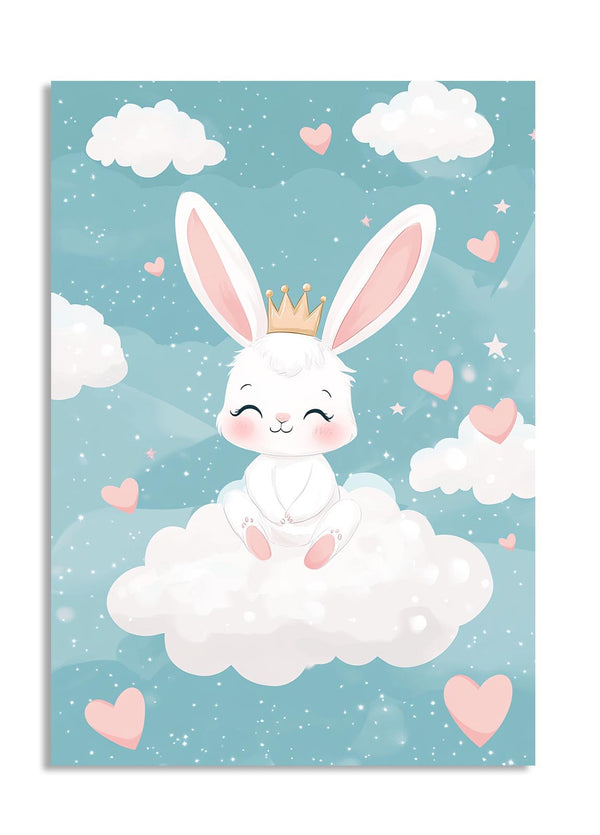 Cartoon bunny with a crown on a cloud surrounded by hearts and stars, as a premium aluminum metal print from GoMetalPrint.