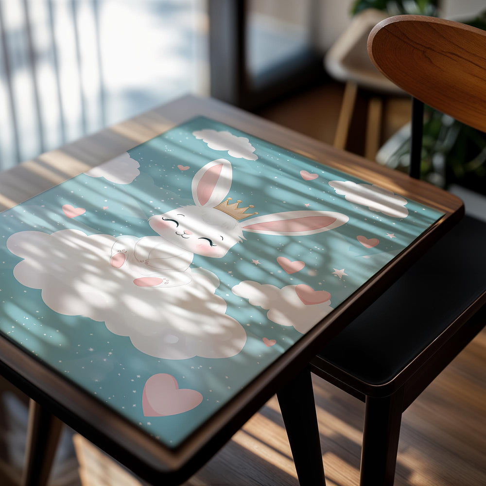 Cartoon bunny with a crown on a cloud surrounded by hearts and stars, as a premium aluminum metal print from GoMetalPrint.