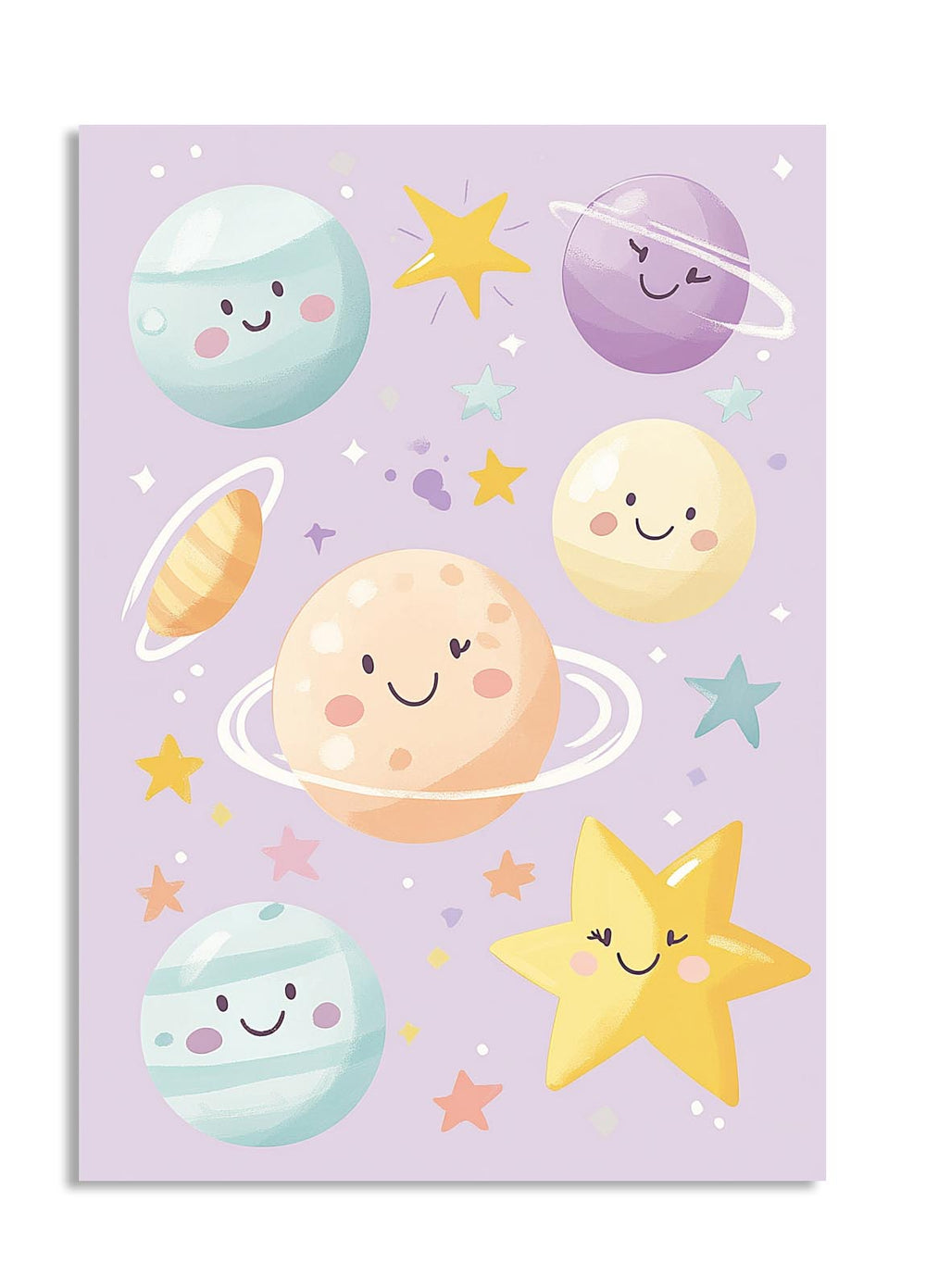 Cartoon planets and stars on a purple background, as a premium aluminum metal print from GoMetalPrint.