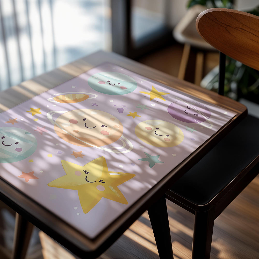 Cartoon planets and stars on a purple background, as a premium aluminum metal print from GoMetalPrint.