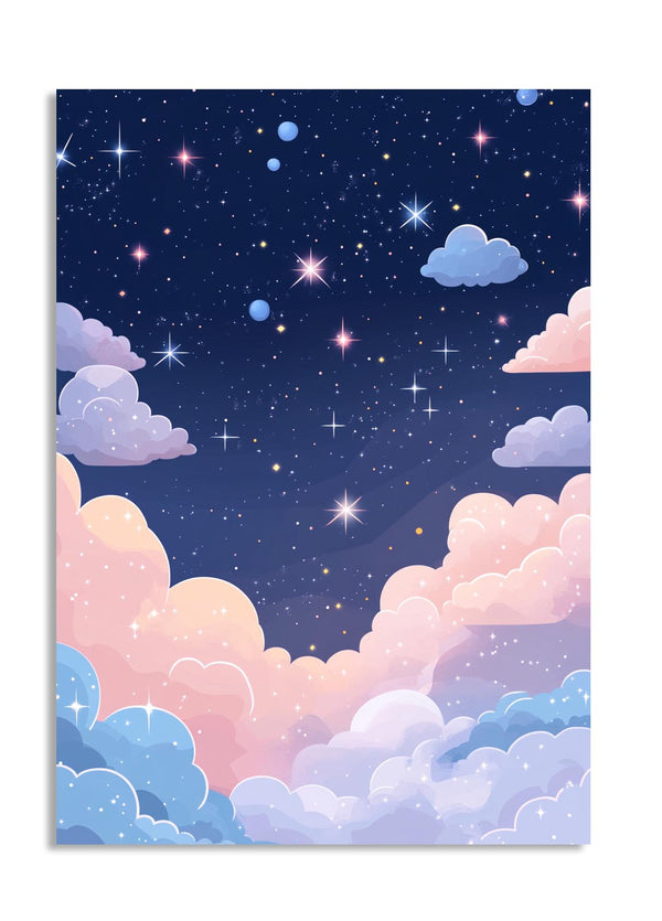 Illustration of a starry night sky with clouds in pastel colors, as a premium aluminum metal print from GoMetalPrint.