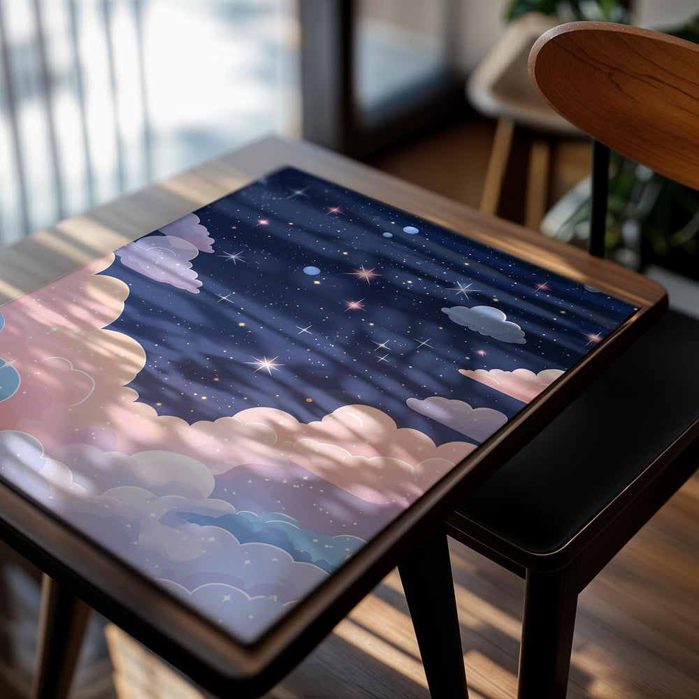 Illustration of a starry night sky with clouds in pastel colors, as a premium aluminum metal print from GoMetalPrint.