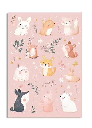 Pattern of cartoon animals on a pink background, as a premium aluminum metal print from GoMetalPrint.